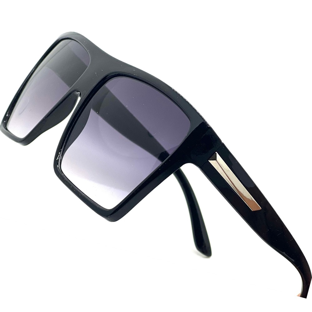 Oversized Square Sunglasses Black Fashion Metal Accent Flat Top Shades‎ Luxury